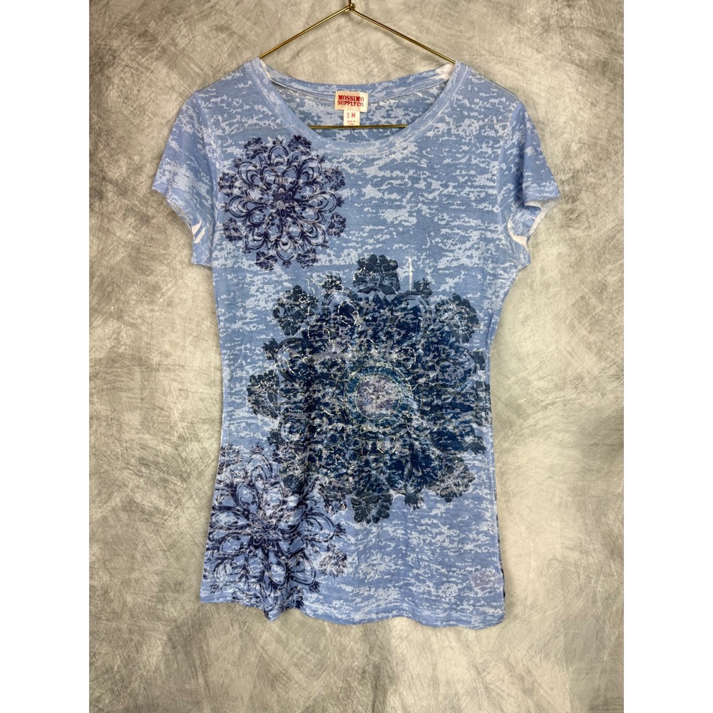 Y2K Mossimo Supply Co Women Blue Burnout Mandala Graphic T-Shirt Size M Slim Fit